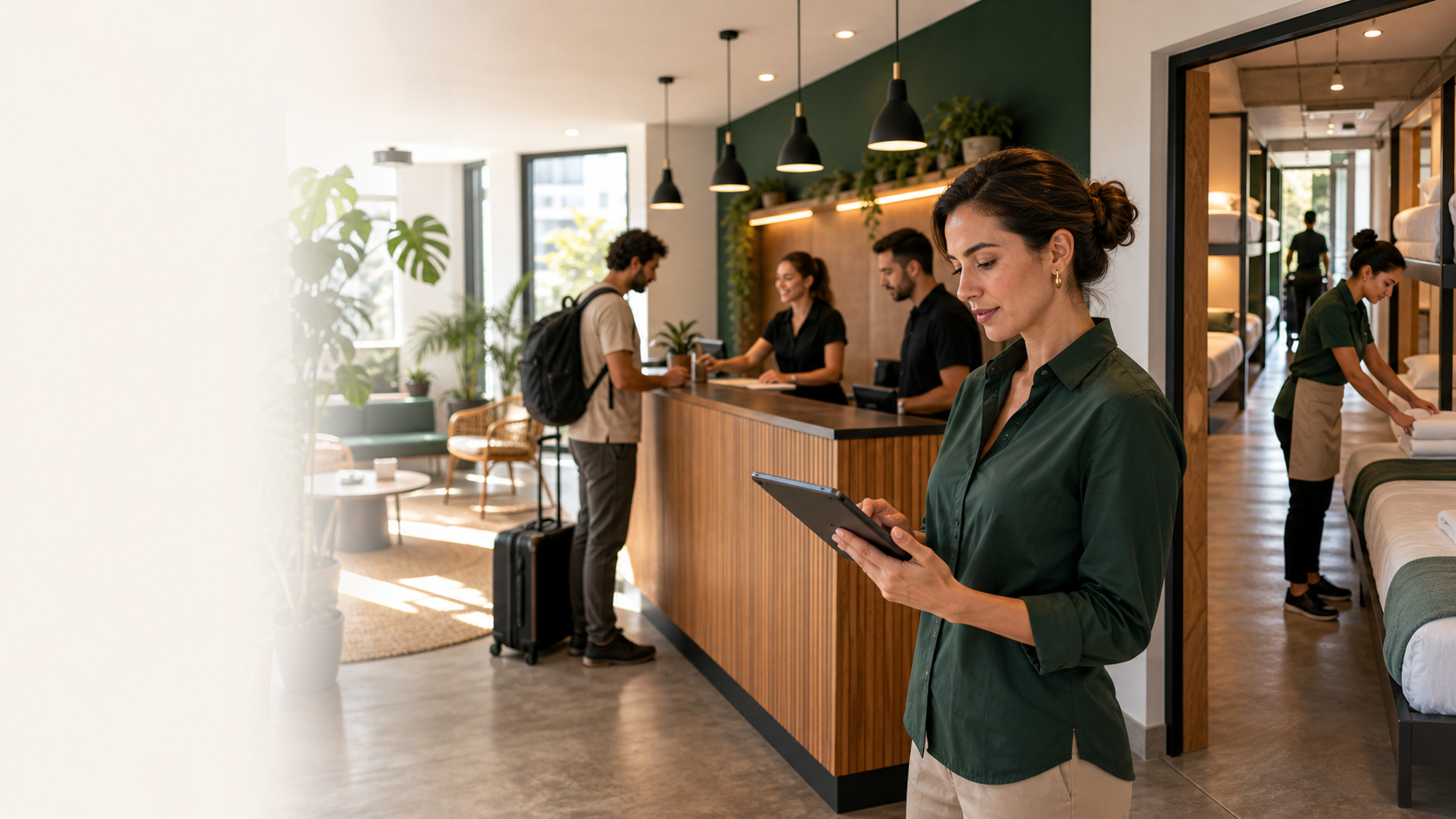 HostelCore hospitality operations team coordinating front desk and room readiness